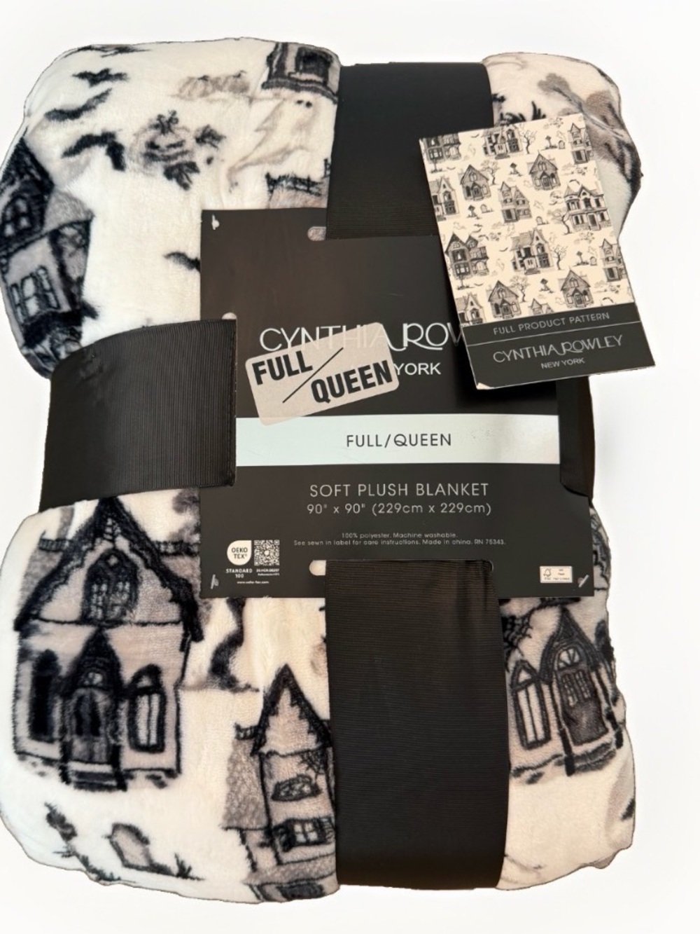 Cynthia Rowley Haunted House Plush Blanket Full Queen Blk White Gothic Halloween